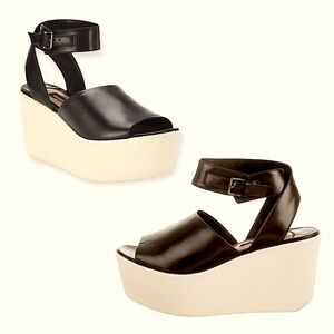 DEREK LAM FABIAN Ankle Wrap BLACK LEATHER PLATFORM WEDGE SANDALS SIZE 7B Luxury